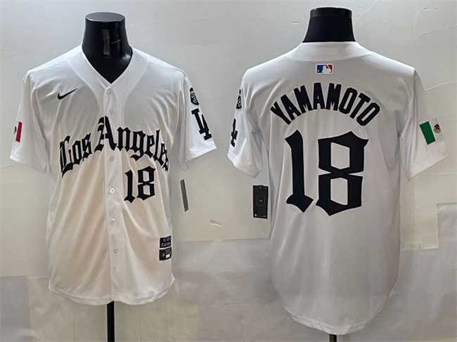 Men%27s Los Angeles Dodgers #18 Yoshinobu Yamamoto White Mexico 2025 LA Gothic Style With Fernando Patch Vapor Premier Limited Stitched Jersey->los angeles dodgers->MLB Jersey